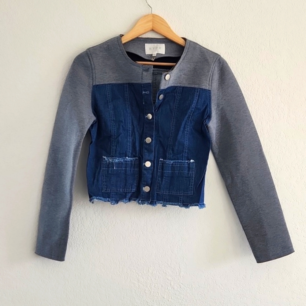 HYPR Mixed-Media Blue Denim and Gray Jacket